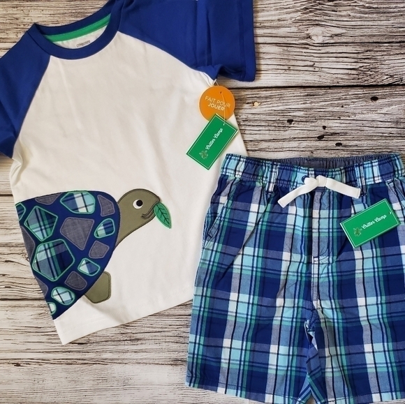 Gymboree Turtle and Frogs T-Shirts and Plaid Shorts Outfit NWT - Picture 4 of 8